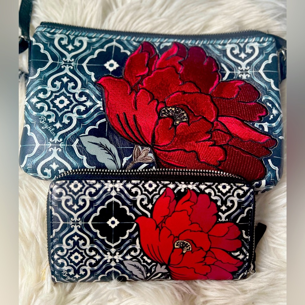 Brighton *RARE* Embroidered Red Poppy Flower Shoulder Bag & Wallet